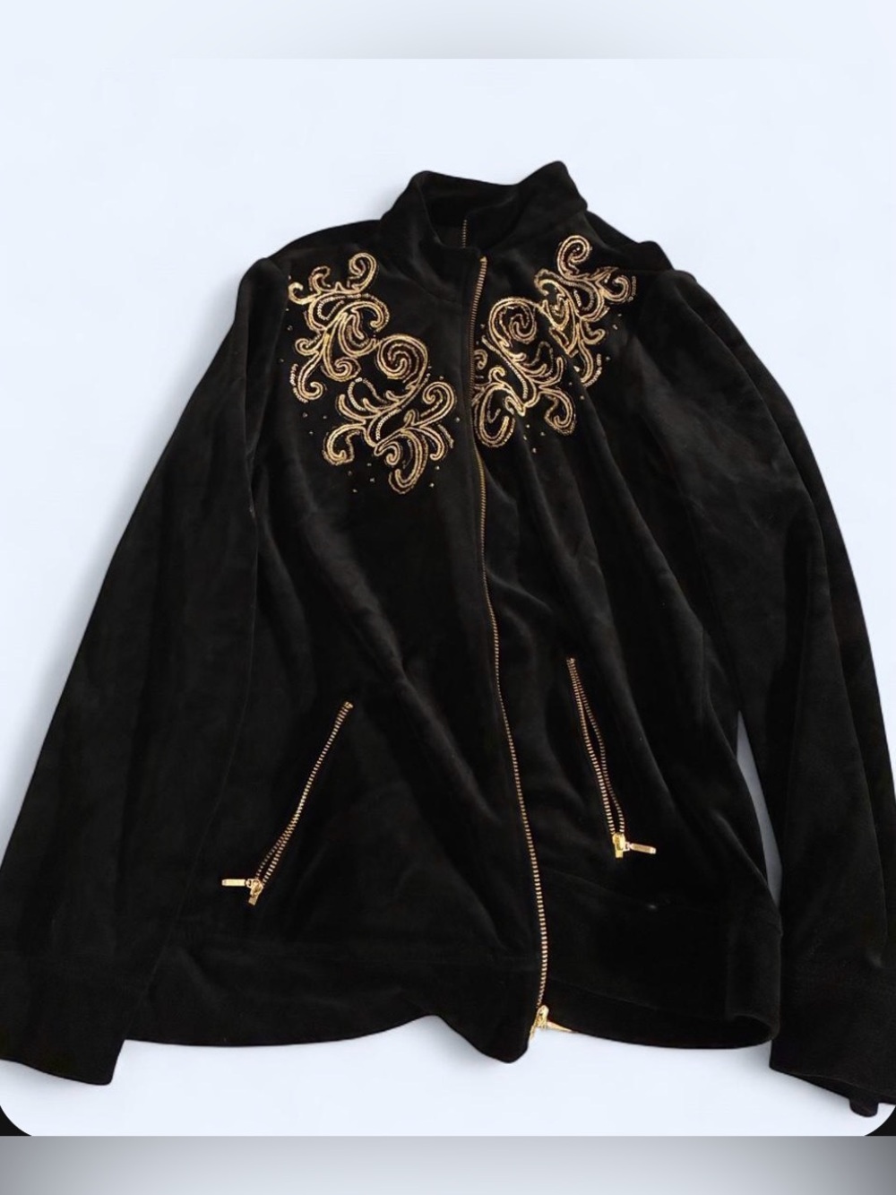 Black Velvet Bomber Jacket with Gold Embroidered Detail